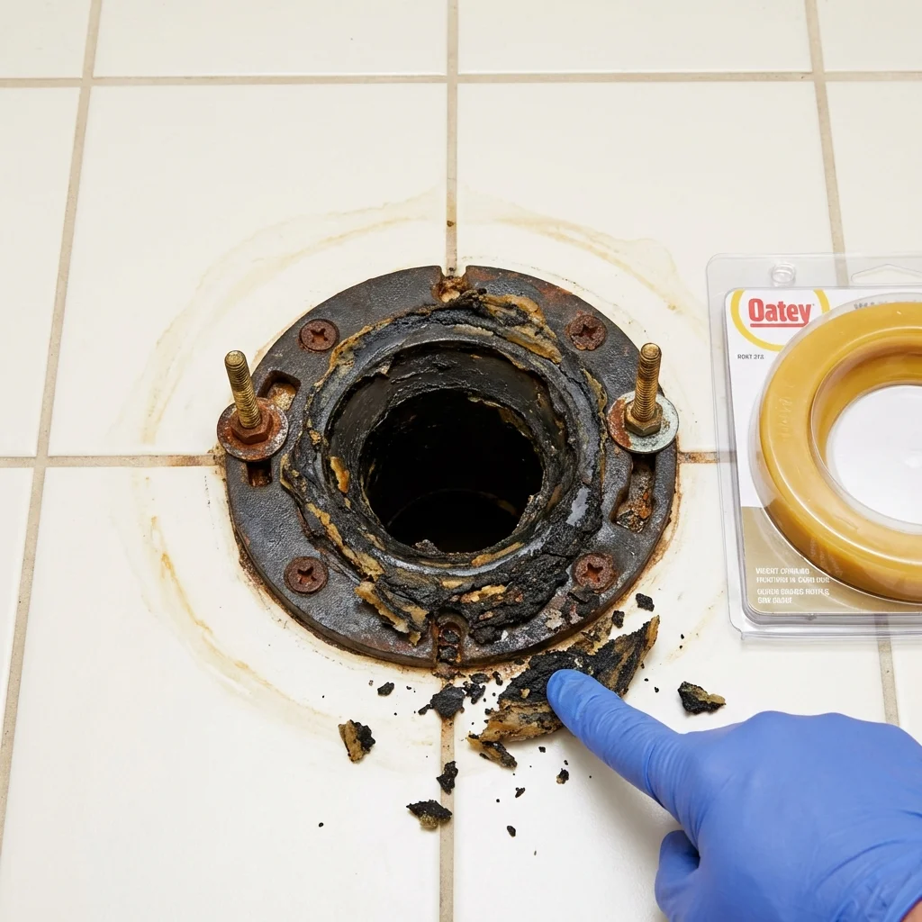 Failed wax ring showing water seepage at the base of a toilet in a Petersburg, MI home