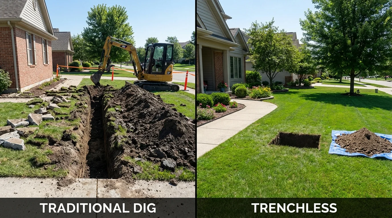 Trenchless sewer repair with minimal yard damage versus traditional excavation in Petersburg, MI