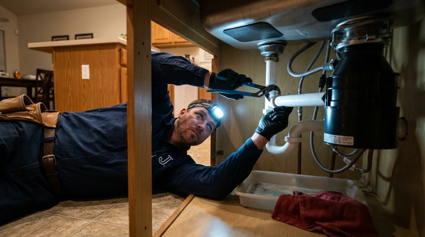 P-trap and supply line connections under a kitchen sink showing a common leak point in Petersburg, MI